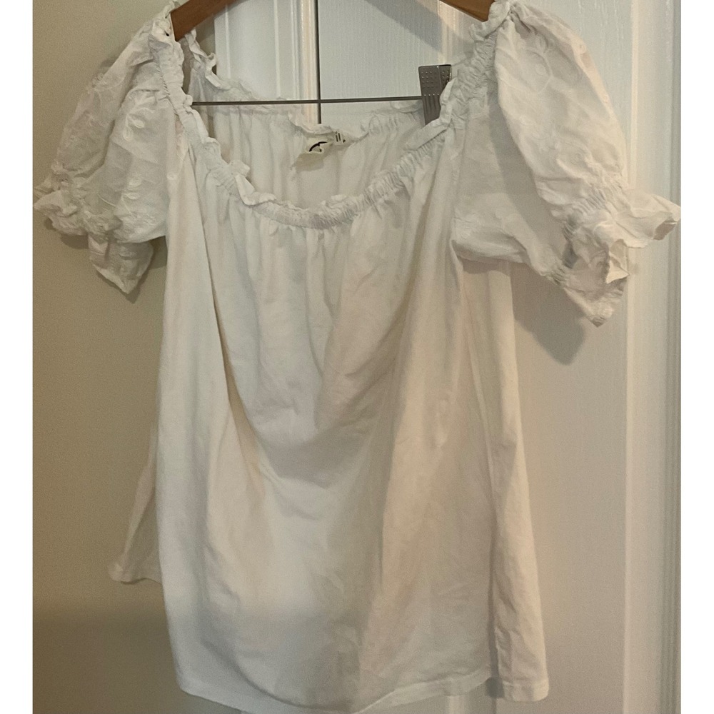 One September Anthropologie White Embroidered  Sleeve Off Shoulder Top Medium